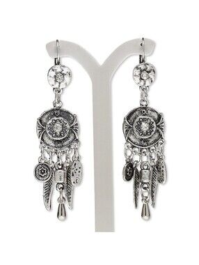 Vintage 90s Egyptian Crystal Carved Antique Silver Feather Baubles Earrings